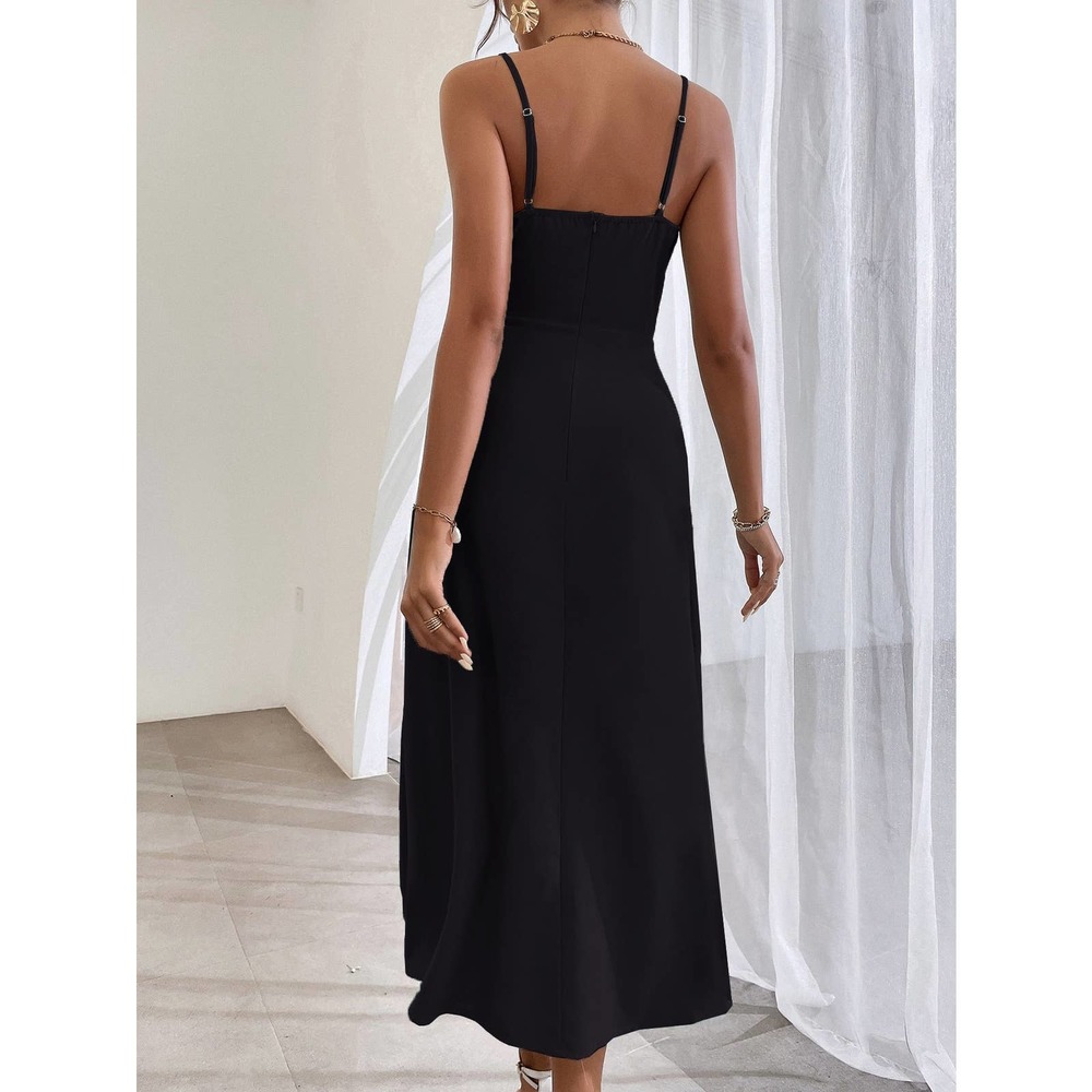 Wrap Ruched Split Thigh Cami midi Dress black - Picture 2 of 11